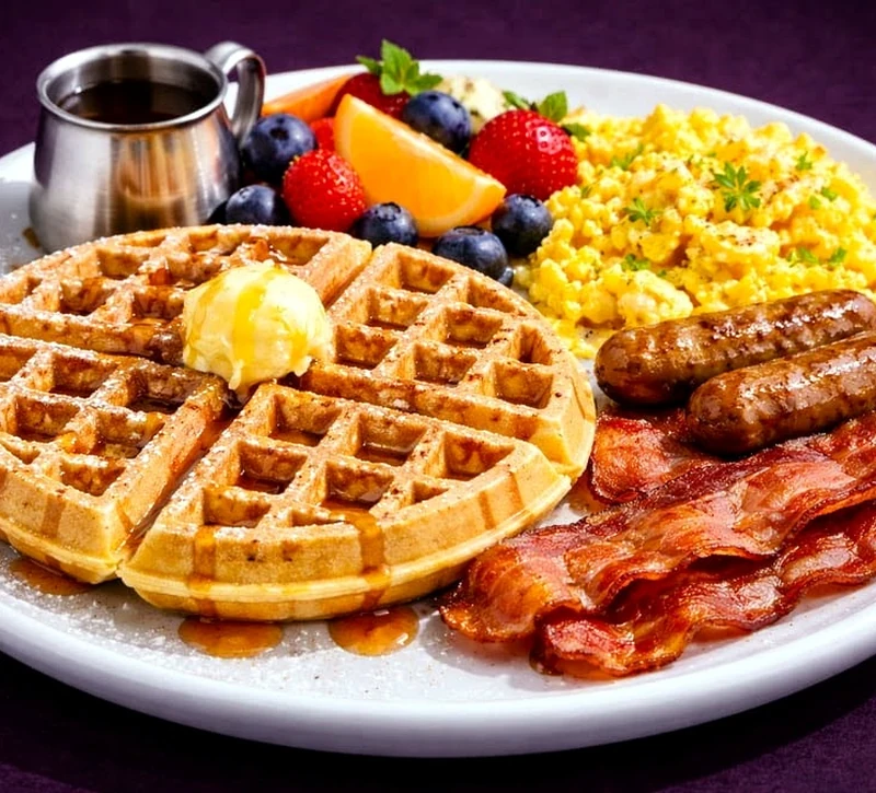 Waffles, eggs, bacon, sausage and fruit breakfast spread at Rise & Dine Restaurant
