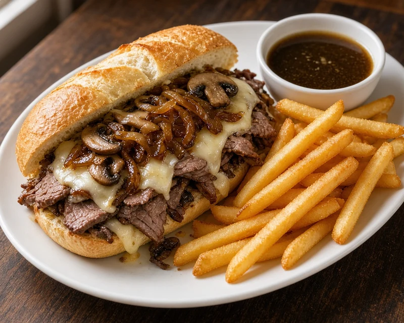 Beef dip sandwich with au jus and fries