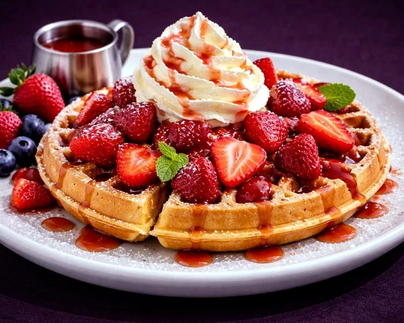 Waffle topped with berries and whipped cream at Rise & Dine Restaurant