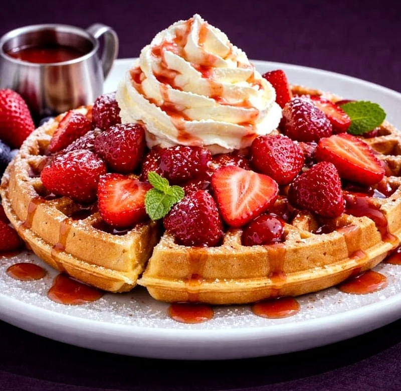Waffle topped with berries and whipped cream at Rise & Dine Restaurant