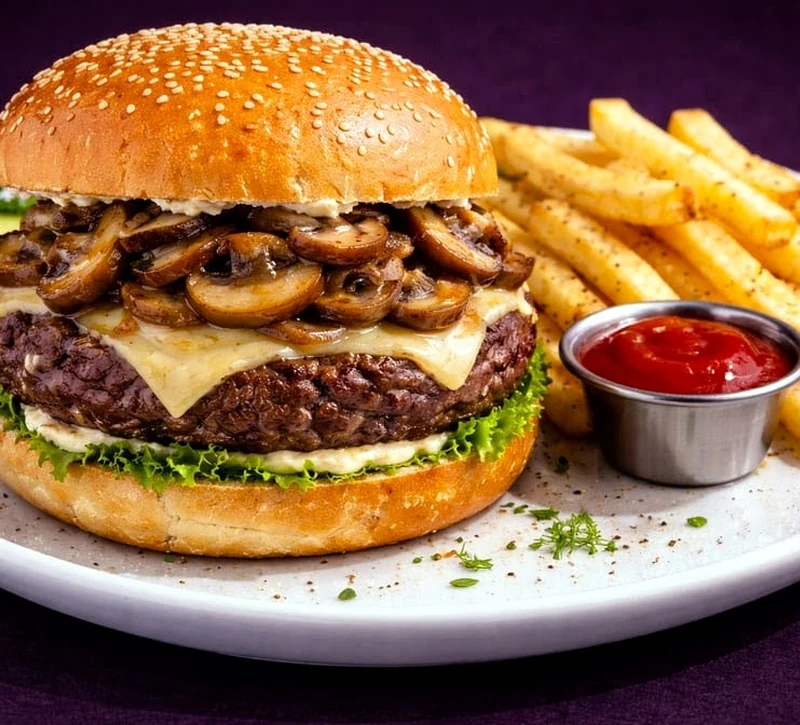 Mushroom and Swiss burger with fries at Rise & Dine Restaurant